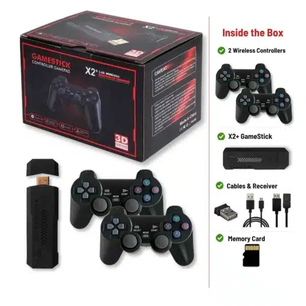 X2 Plus game stick box contents: game stick, 2 wireless controllers, cables, receiver and memory card X2 Plus game stick box contents: game stick, 2 wireless controllers, cables, receiver and memory card