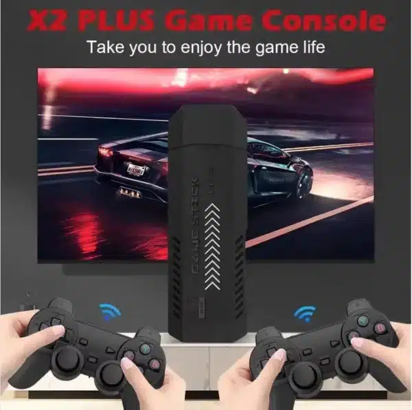 X2 Plus game stick playing a racing game on TV with wireless controllers X2 Plus game stick playing a racing game on TV with wireless controllers
