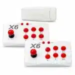 X6 game stick with two white wireless arcade controllers with red buttons and joysticks