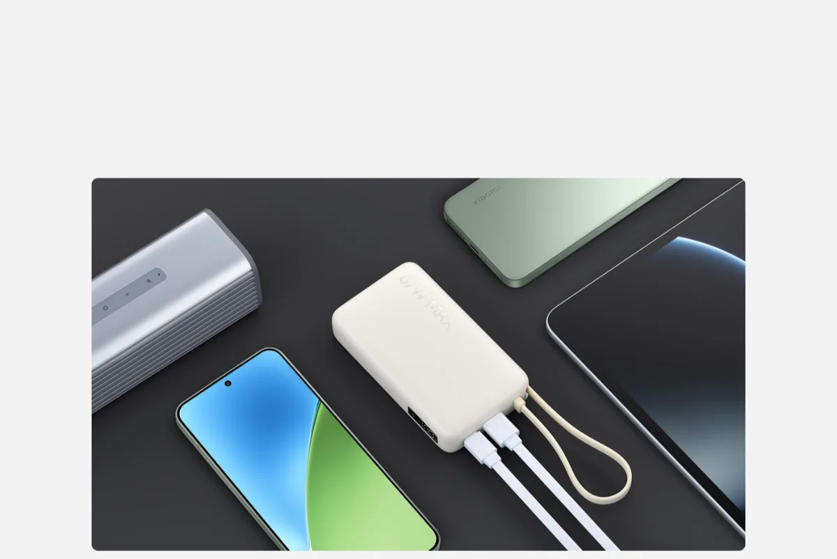 Xiaomi 67W Power Bank 10000Mah (Integrated Cable) 12 Xiaomi 67W Power Bank 10000 in Tan charging three devices at once