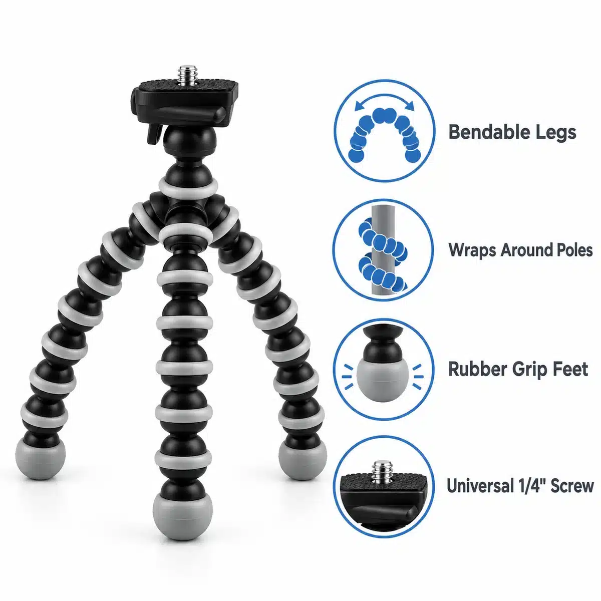 Z-02 Flexible Octopus Tripod For Phone And Camera 2 Z-02 tripod features: bendable legs, wraps around poles, rubber grip feet, universal 1/4 inch screw