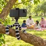 Z-02 Tripod Lifestyle Z-02 flexible tripod on a tree branch recording a family picnic with a phone in a clip