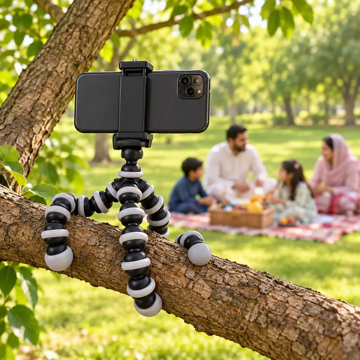 Z-02 Flexible Octopus Tripod For Phone And Camera 4 Z-02 flexible tripod on a tree branch recording a family picnic with a phone in a clip