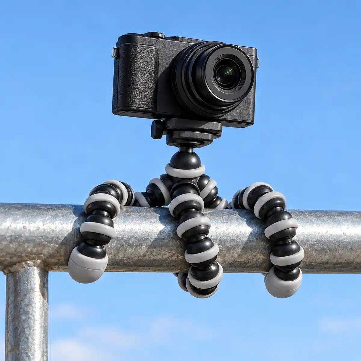 Z-02 Flexible Octopus Tripod For Phone And Camera 1 Z-02 flexible tripod wrapped around a railing holding a compact camera