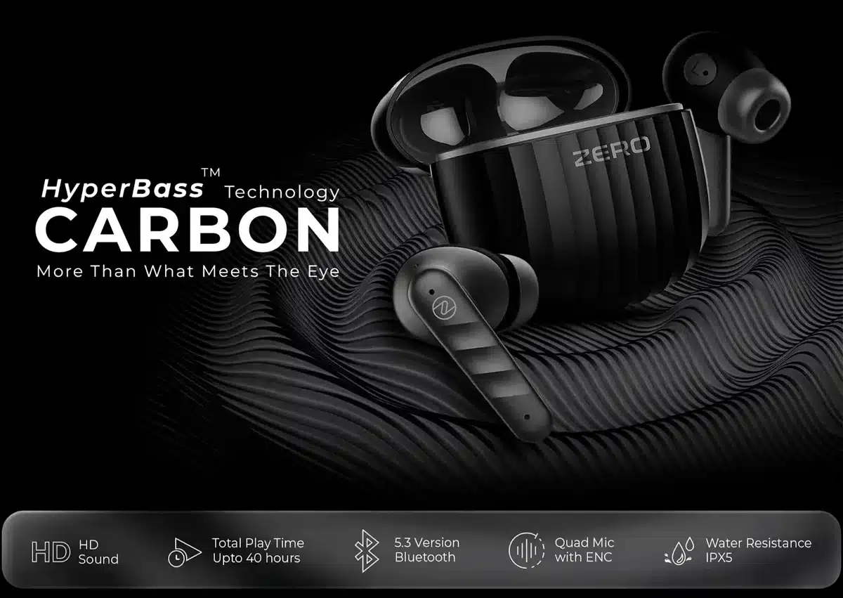 Zero Carbon Earbuds 1 Zero Carbon Earbuds black charging case and earbuds with HyperBass branding