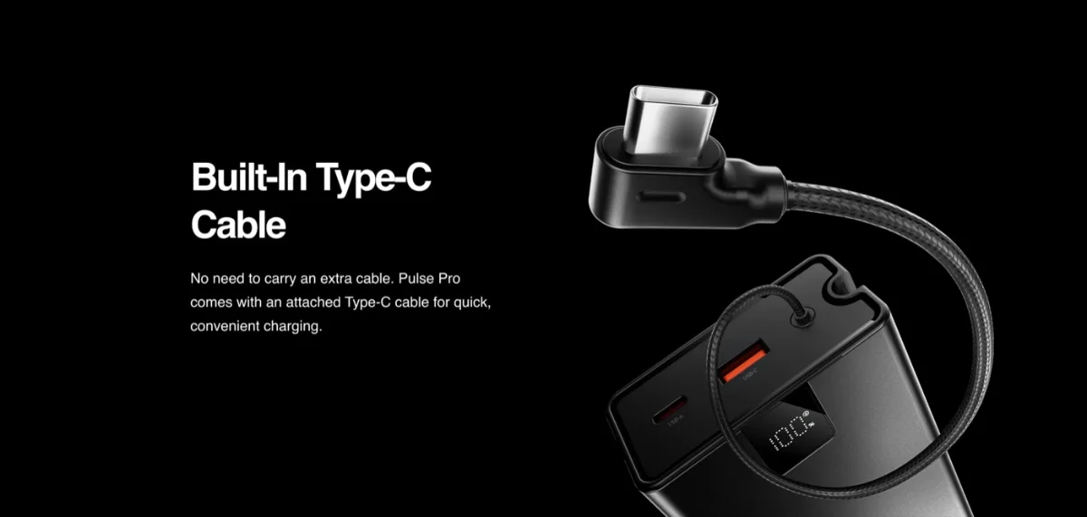 Zero Lifestyle Pulse Pro 200 20000Mah 65W Power Bank 5 Zero Pulse Pro 200 built-in braided Type-C cable with right-angle connector
