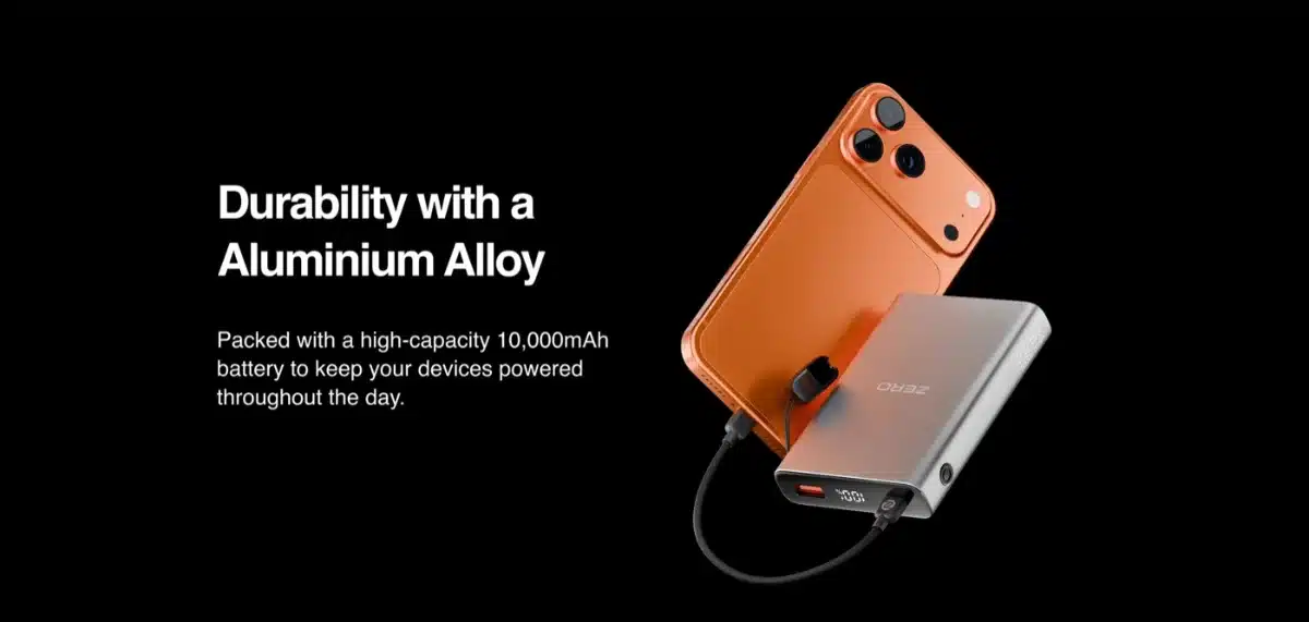Zero Lifestyle Voltix V-100 10000Mah Power Bank 36 Zero Voltix V-100 aluminium alloy body charging an orange phone