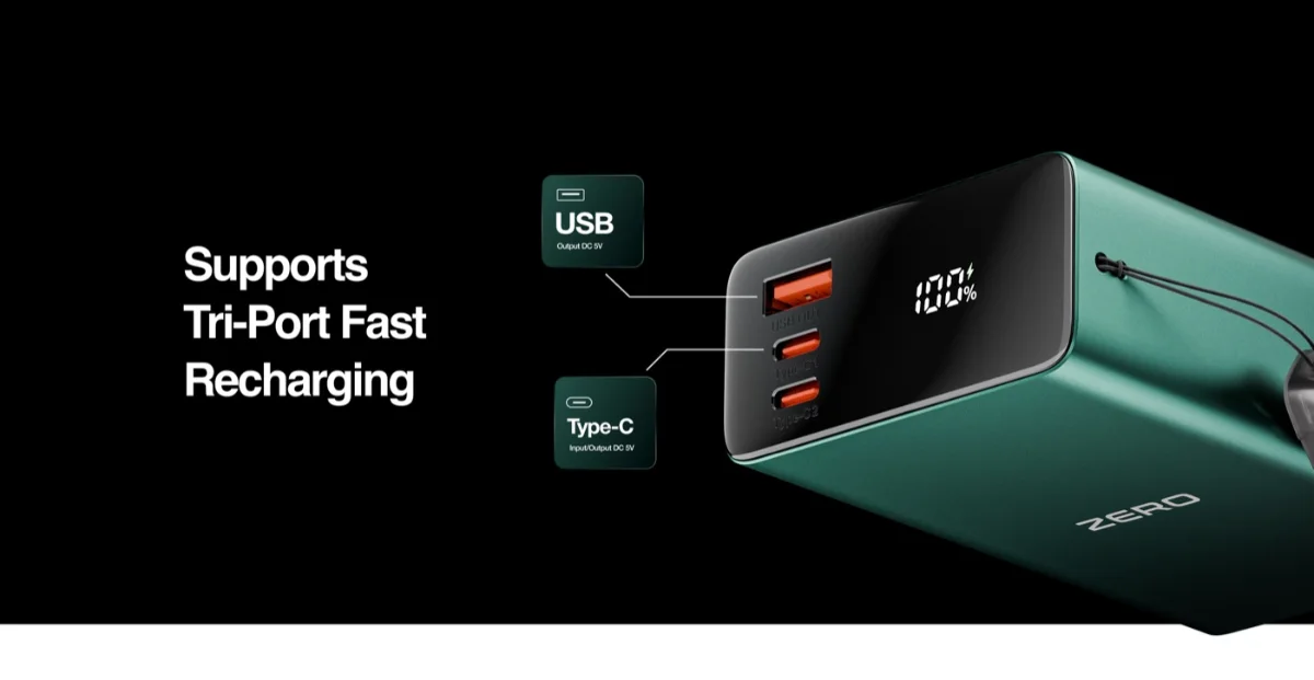 Zero Lifestyle Voltix V-200 20000Mah Power Bank 33 Zero Voltix V-200 ports: one USB output and two USB-C ports with a 100% digital display