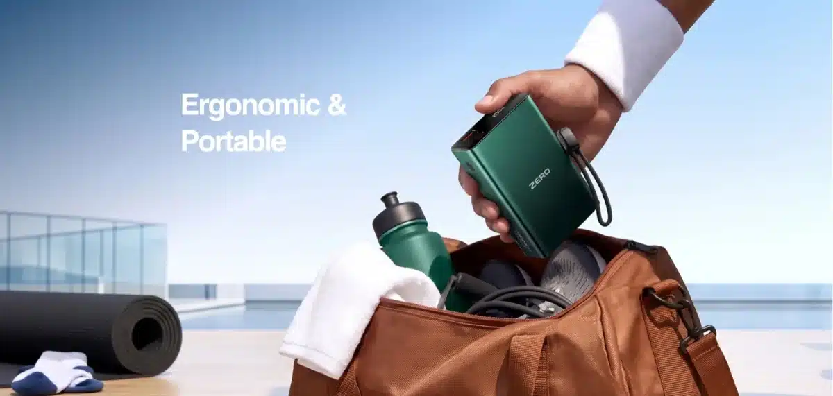 Zero Lifestyle Voltix V-200 20000Mah Power Bank 36 Zero Voltix V-200 in Gradient Green being packed into a gym bag