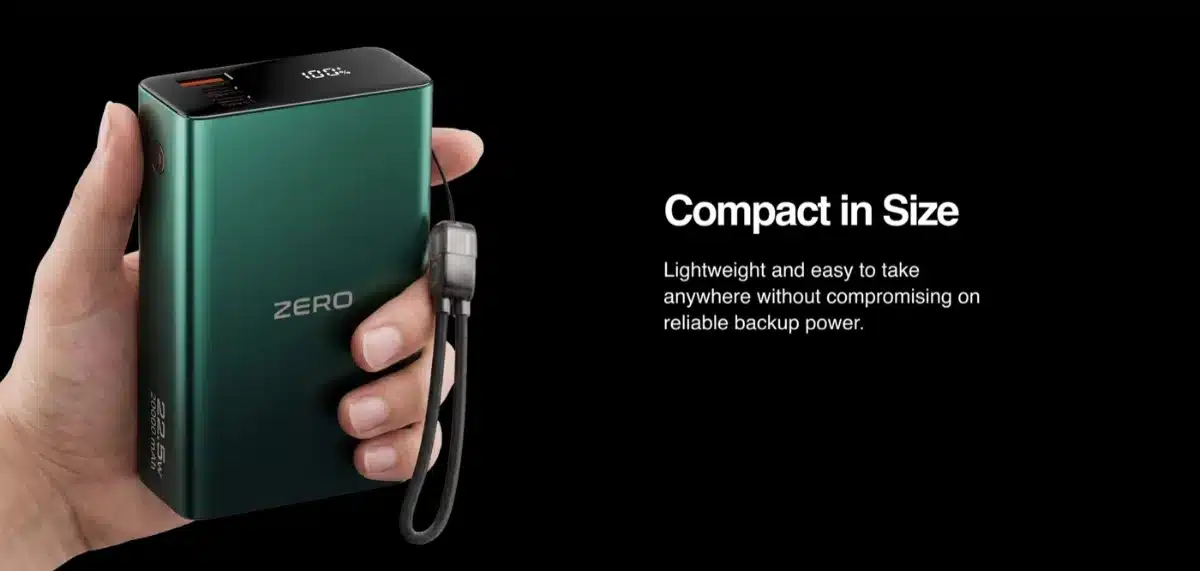 Zero Lifestyle Voltix V-200 20000Mah Power Bank 37 Zero Voltix V-200 held in one hand with its attached cable
